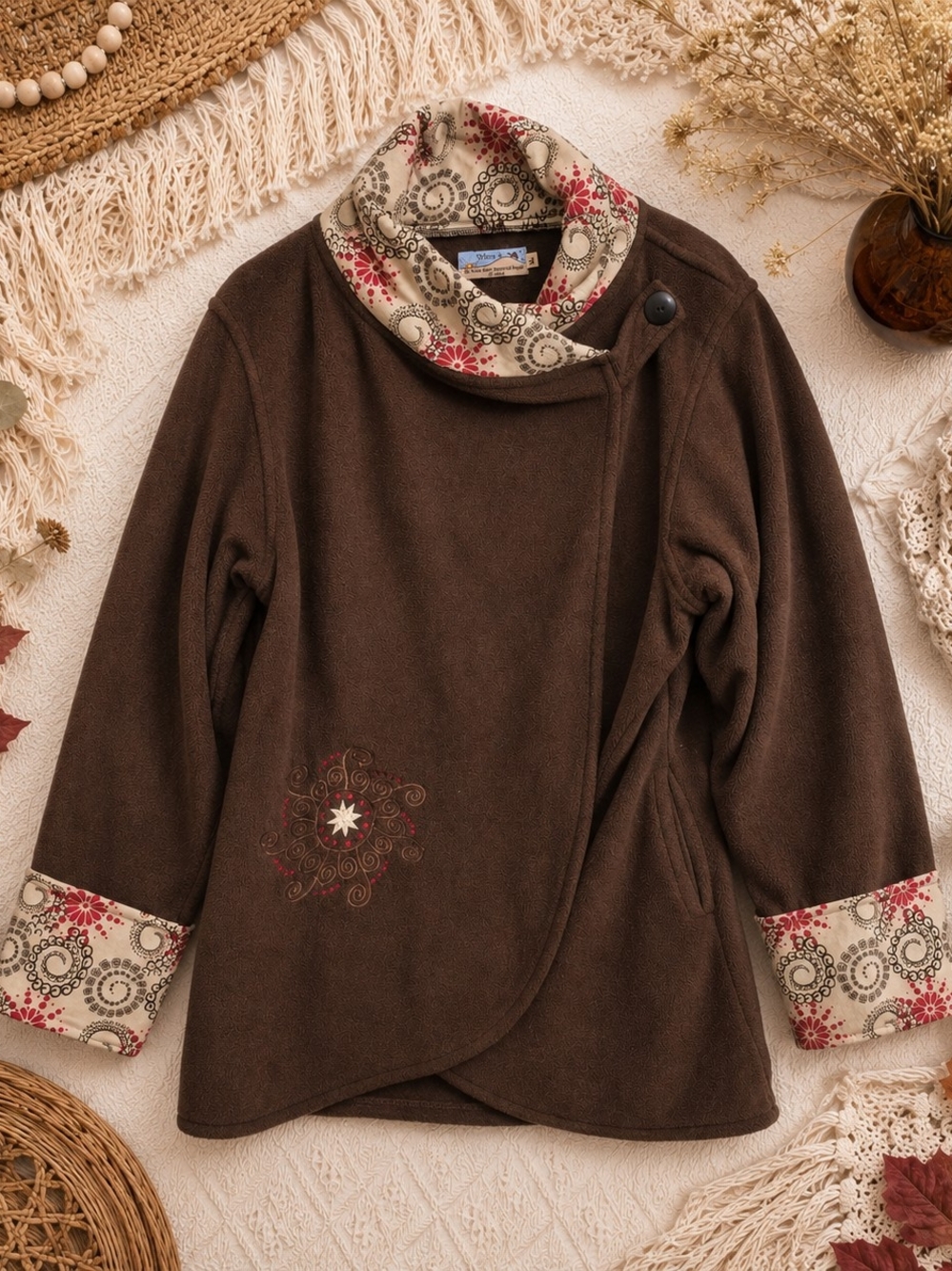 Dylans Brown Fleece Wrap Jacket 1X Boho Cowl Neck Snap Closure Pockets Cozy Fall